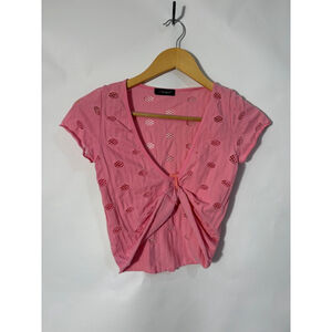 Y2K Pink Eyelet Tie Front Crop Top Icon Apparel Ribbed Baby Tee